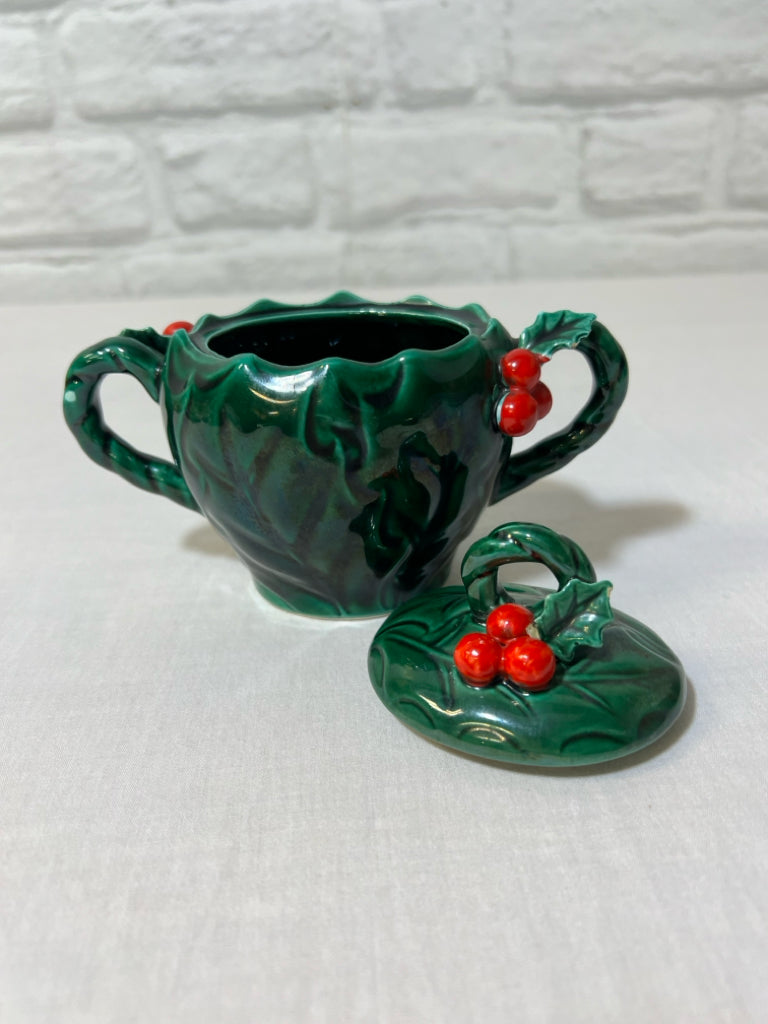 Lefton holly Christmas green sugar bowl