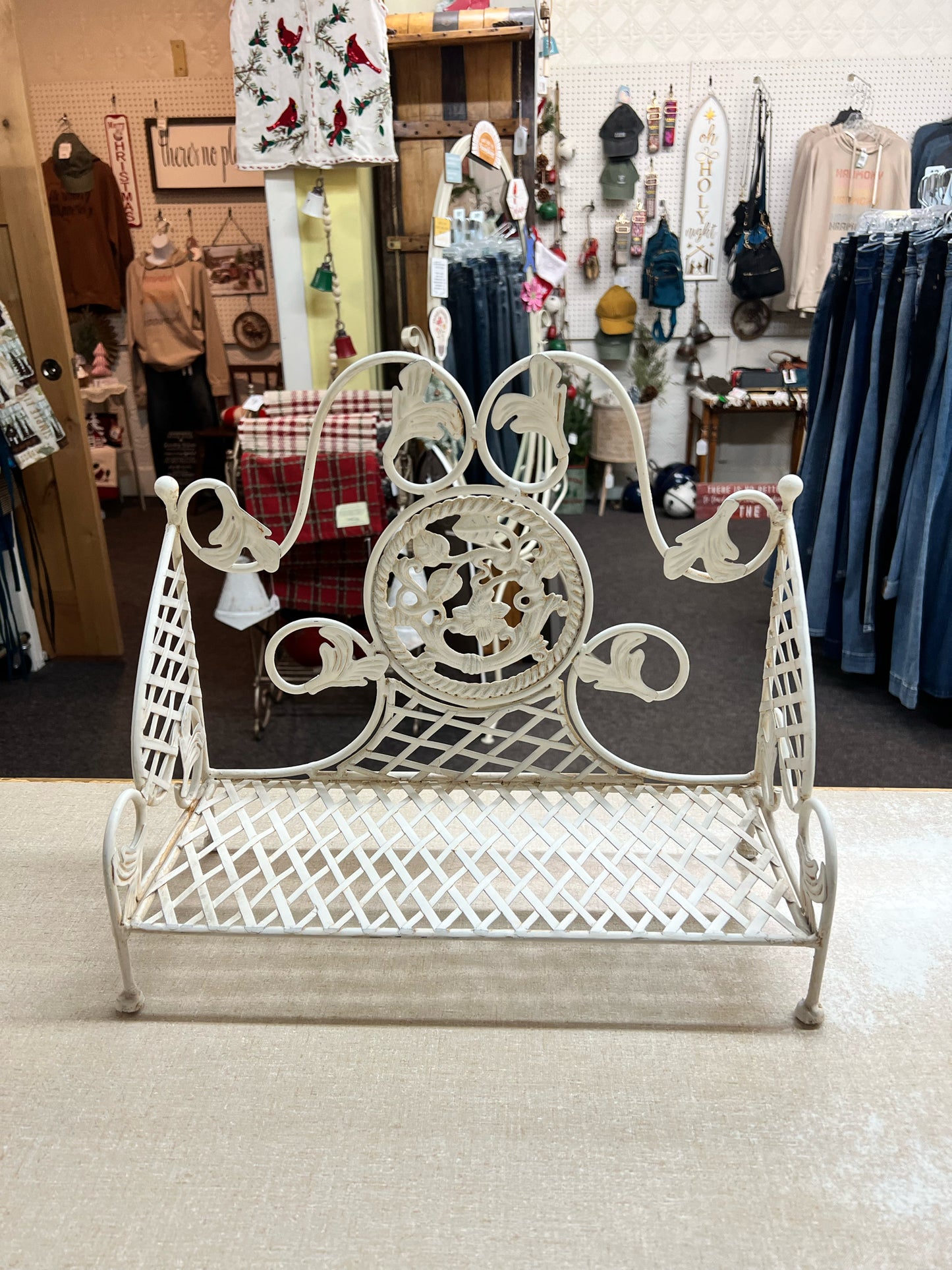 Vintage white metal rack/mini bench/shelf