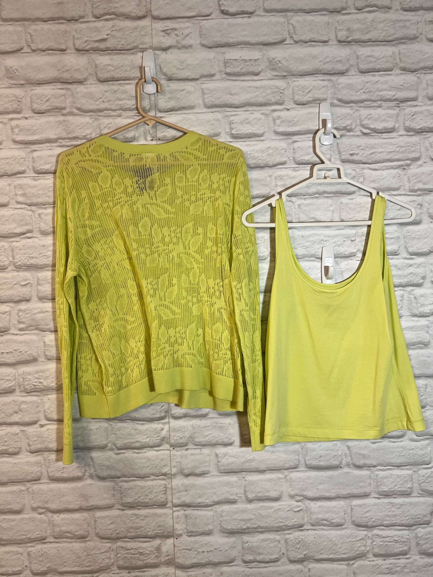 Size M CAbi Tank & Mesh Lace Long Sleeved Top in Neon Green