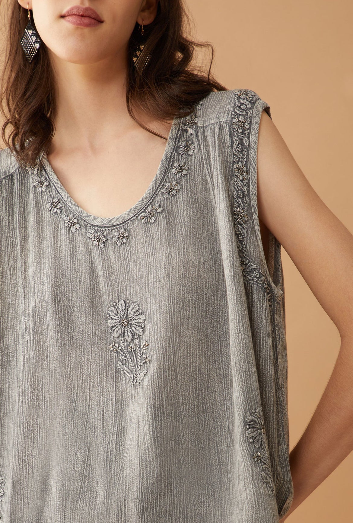 Bohera Arya Embroidered Washed Top in Gray