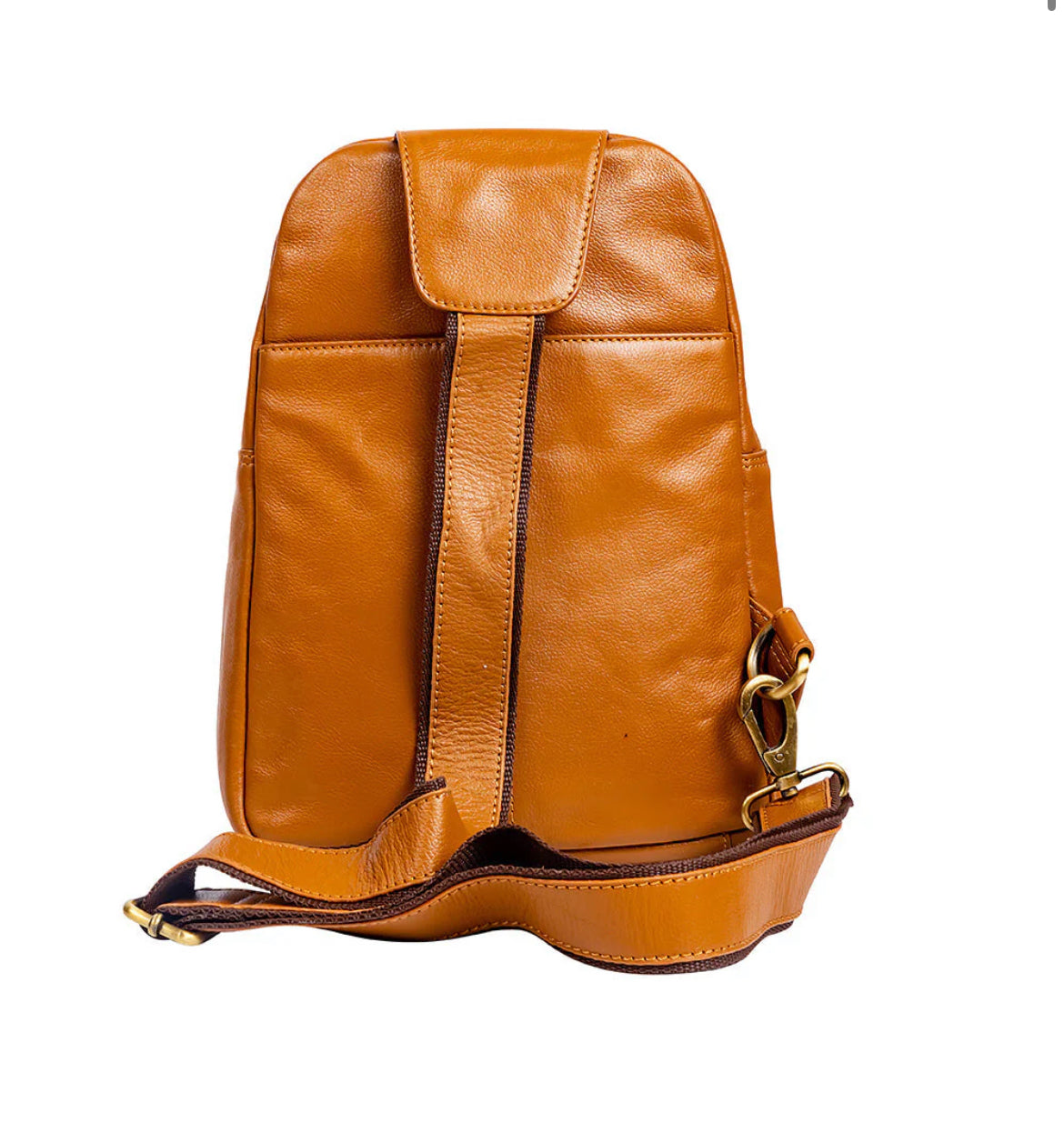 Myra Bag  Ranch Trail Leather Fanny Pack Bag – Caramel Hand-Tooled Sling Crossbody with Adjustable Canvas Strap