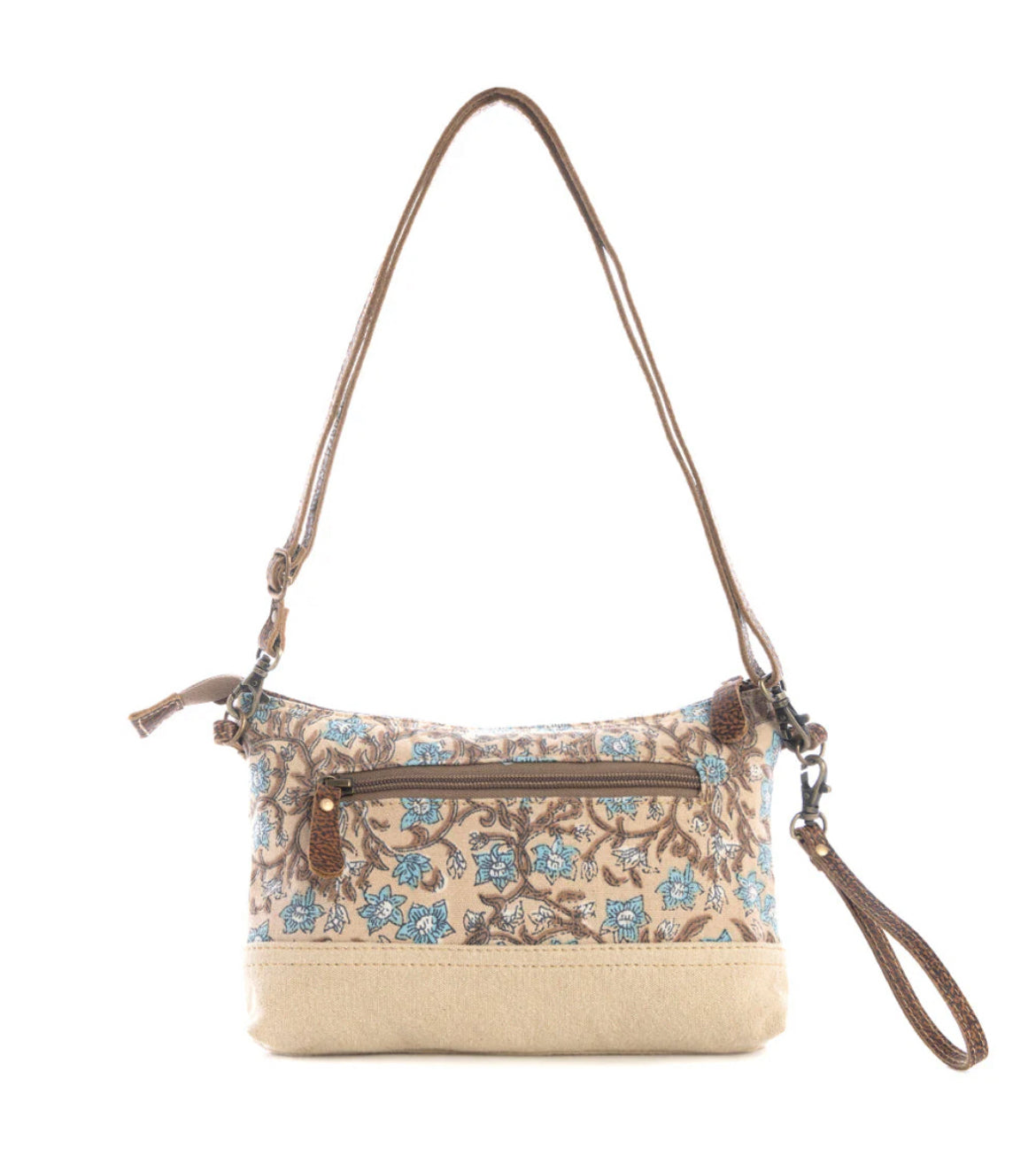 Myra Bag San Ysidro Falls Small & Crossbody Bag – Floral Canvas & Leather Wristlet Purse with Adjustable Strap and Zipper Pocket, 10.5"x6", Women’s Boho Bag