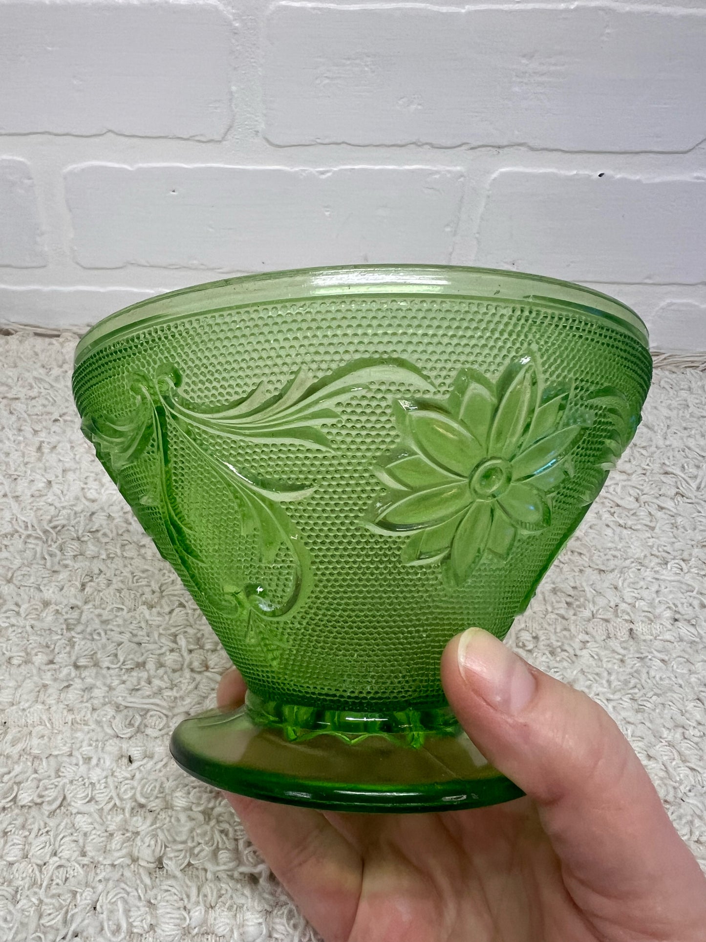 Vintage Uranium Glass Pressed Glass Floral Footed Bowl