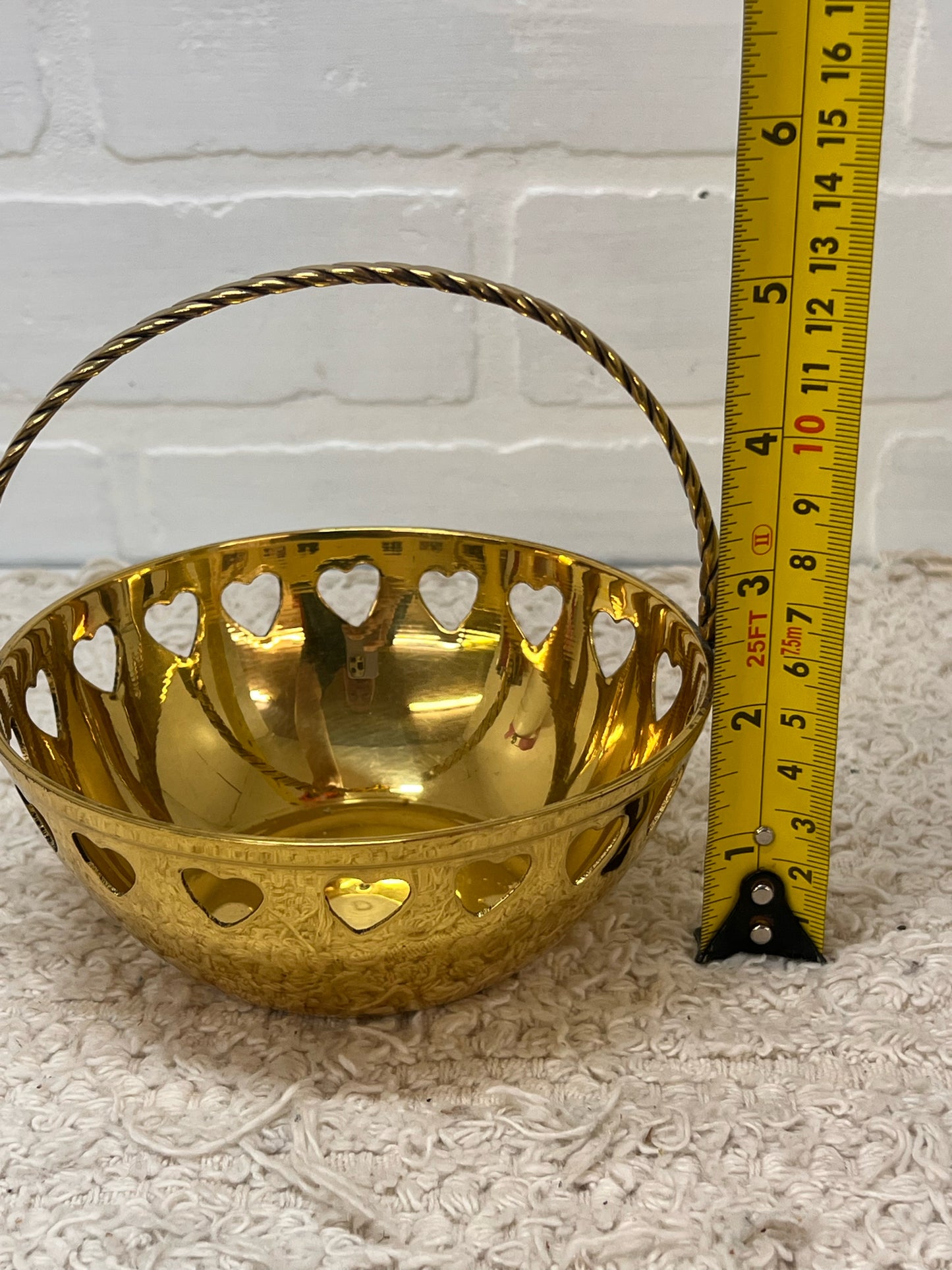 Vintage Brass Basket Bowl w/ Heart Cutouts