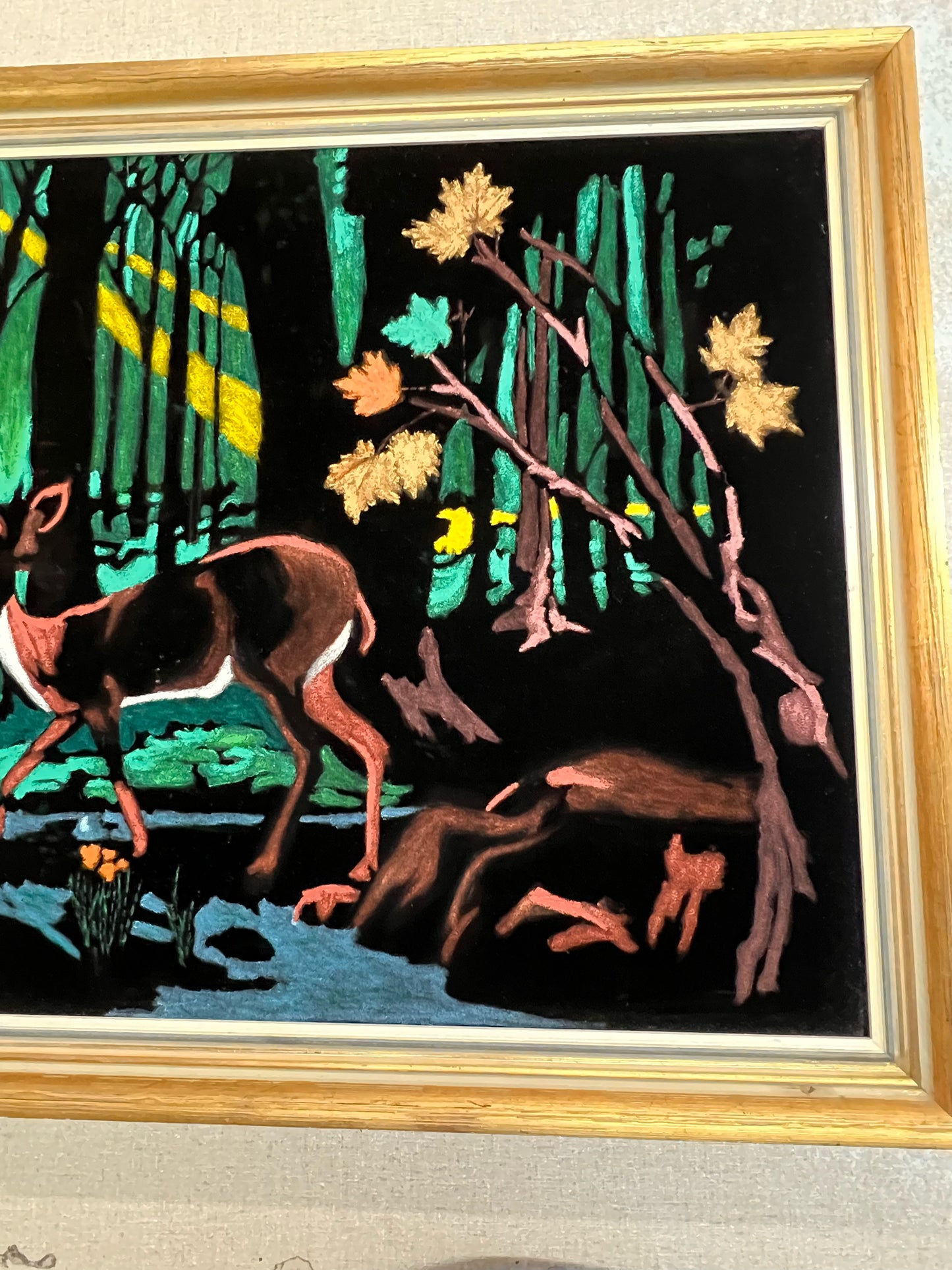 Vintage Paint By Numbers Deer on Black Velvet Framed Painting