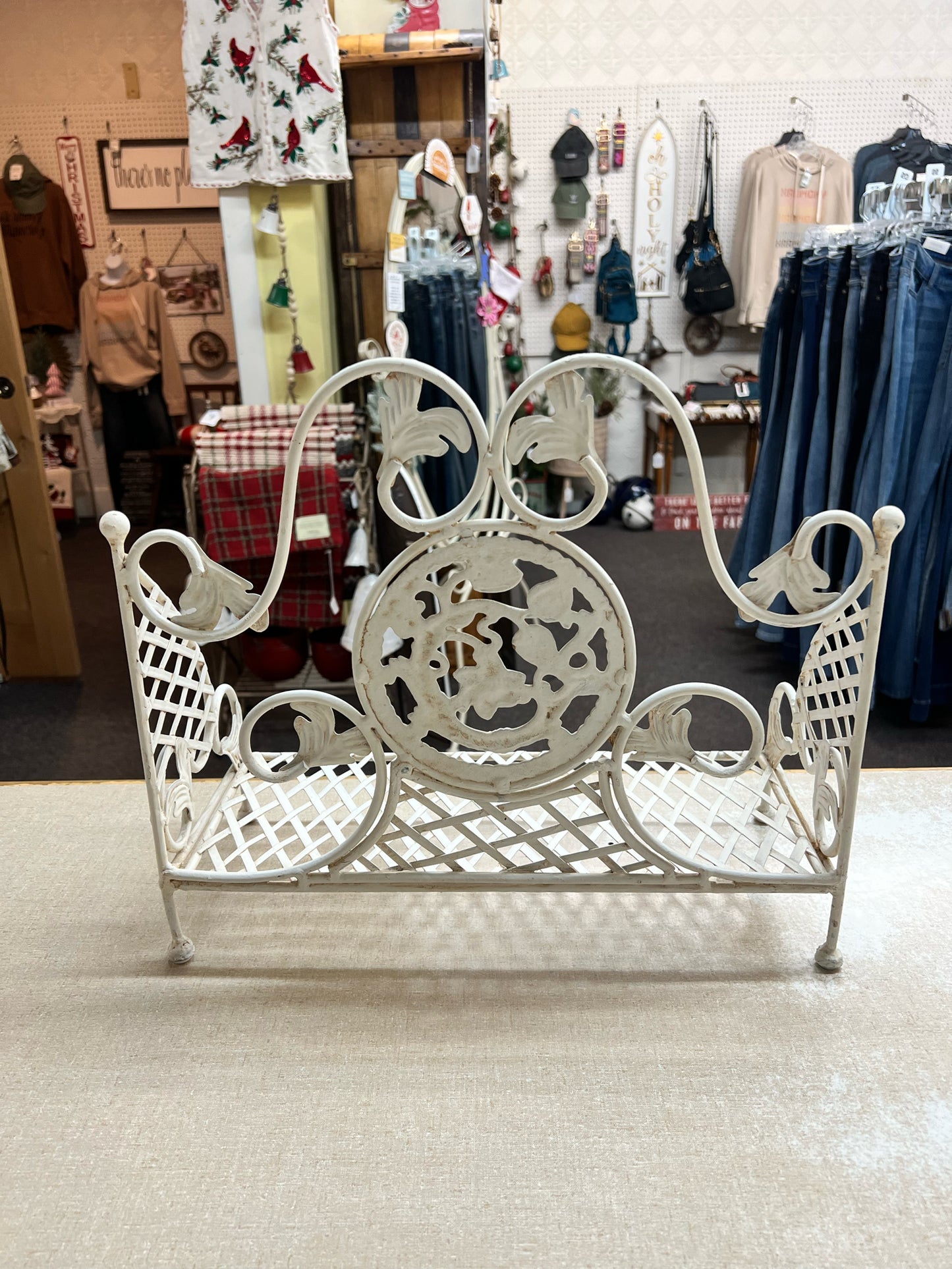 Vintage white metal rack/mini bench/shelf