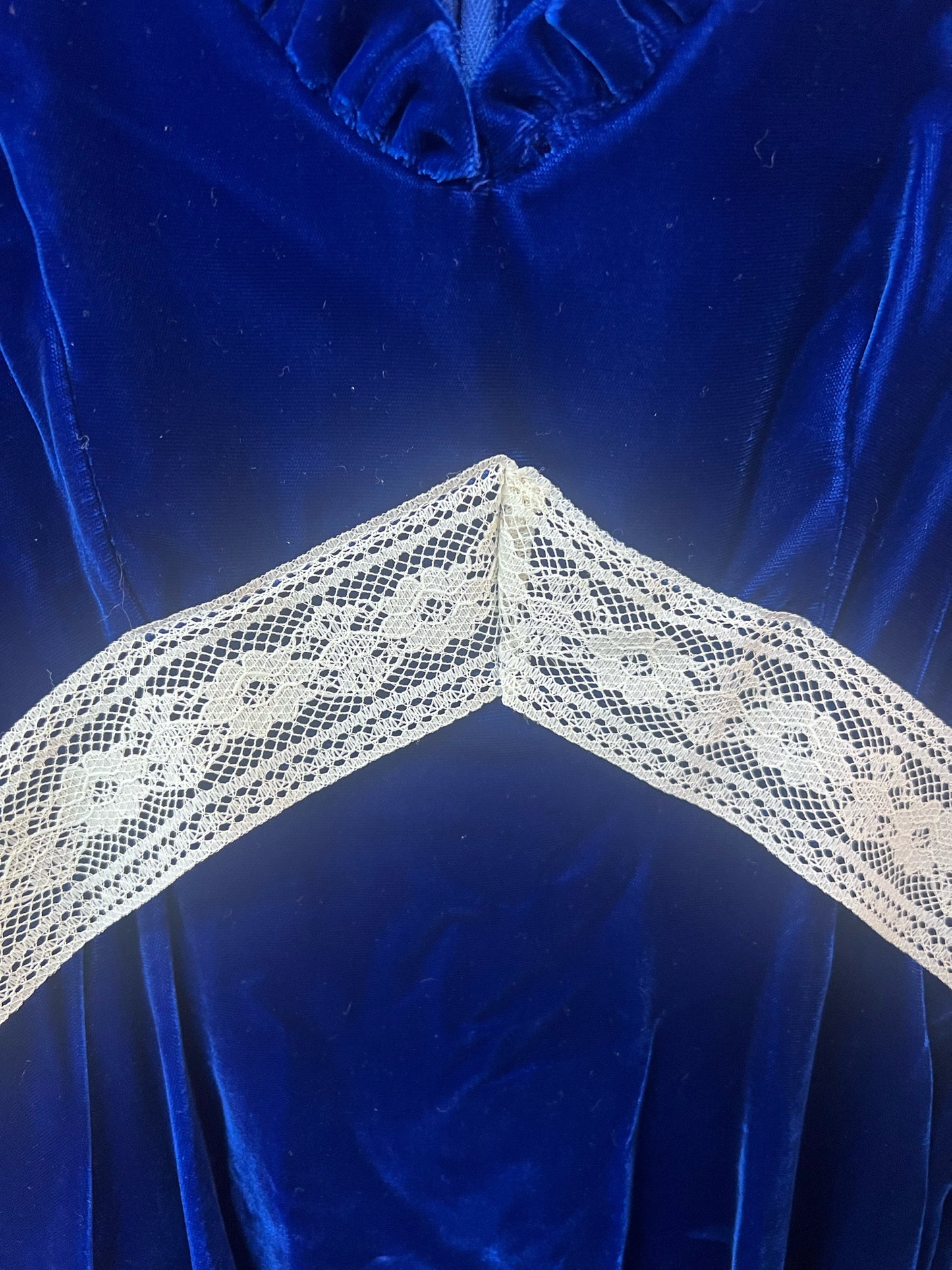 Circa 1970's Blue Velvet Bridesmaids Dress w/ Original Headpiece & Lace Sash