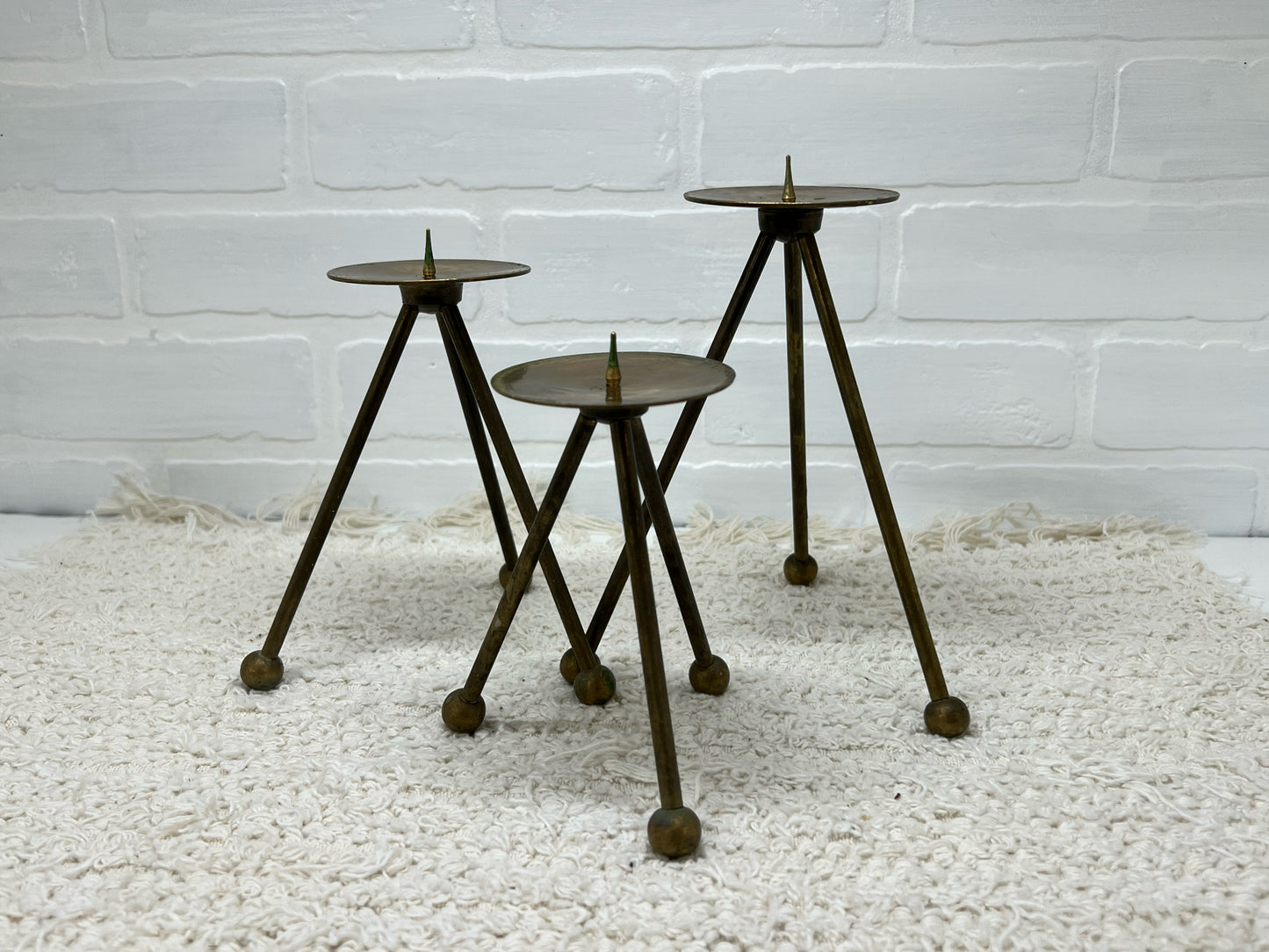 Trio of brass atomic candle holders MCM