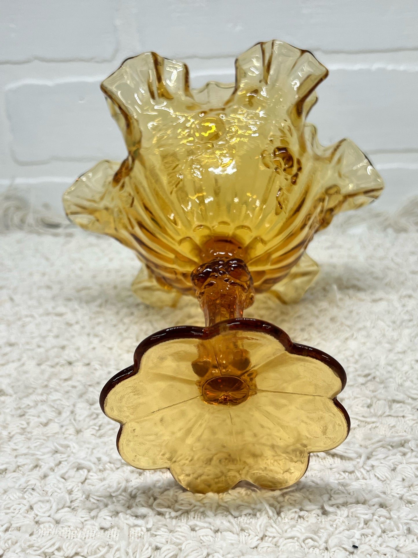 Fenton Compote Dish - Frilly Amber Glass