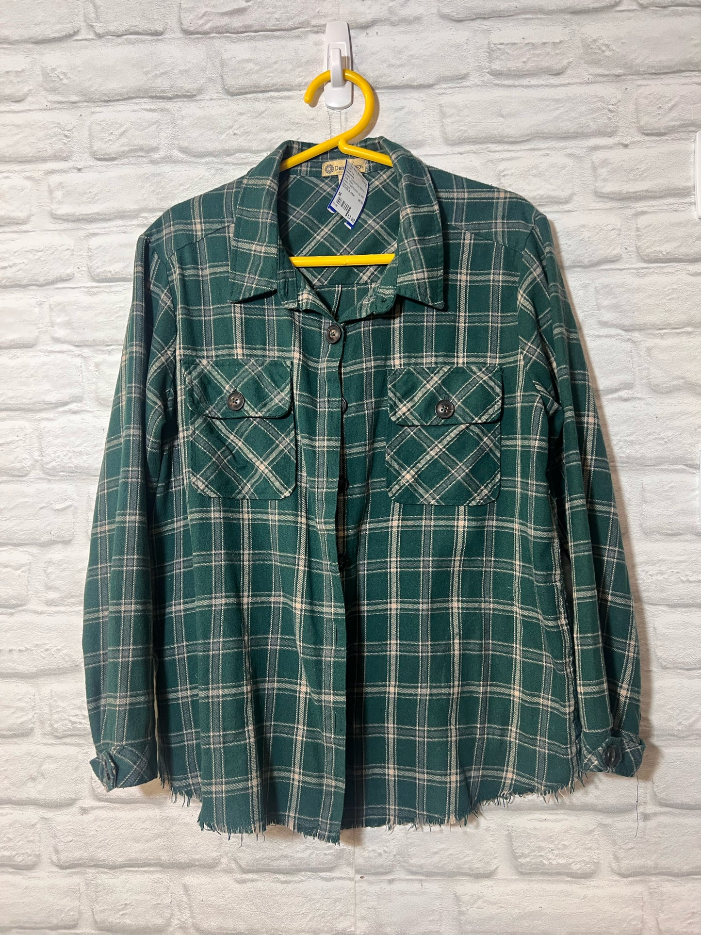 Green Plaid Button Up with Raw Hem
