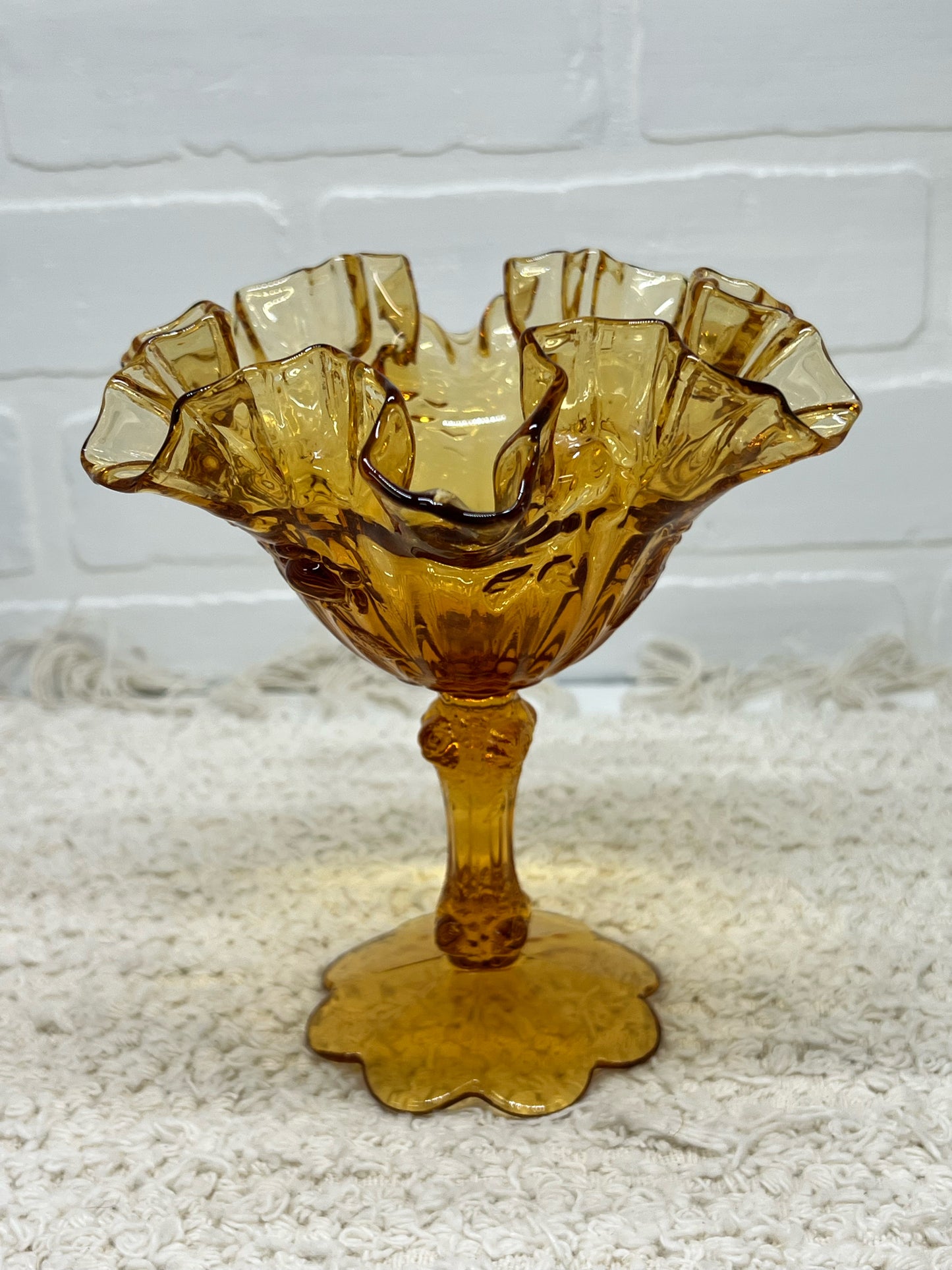 Fenton Compote Dish - Frilly Amber Glass