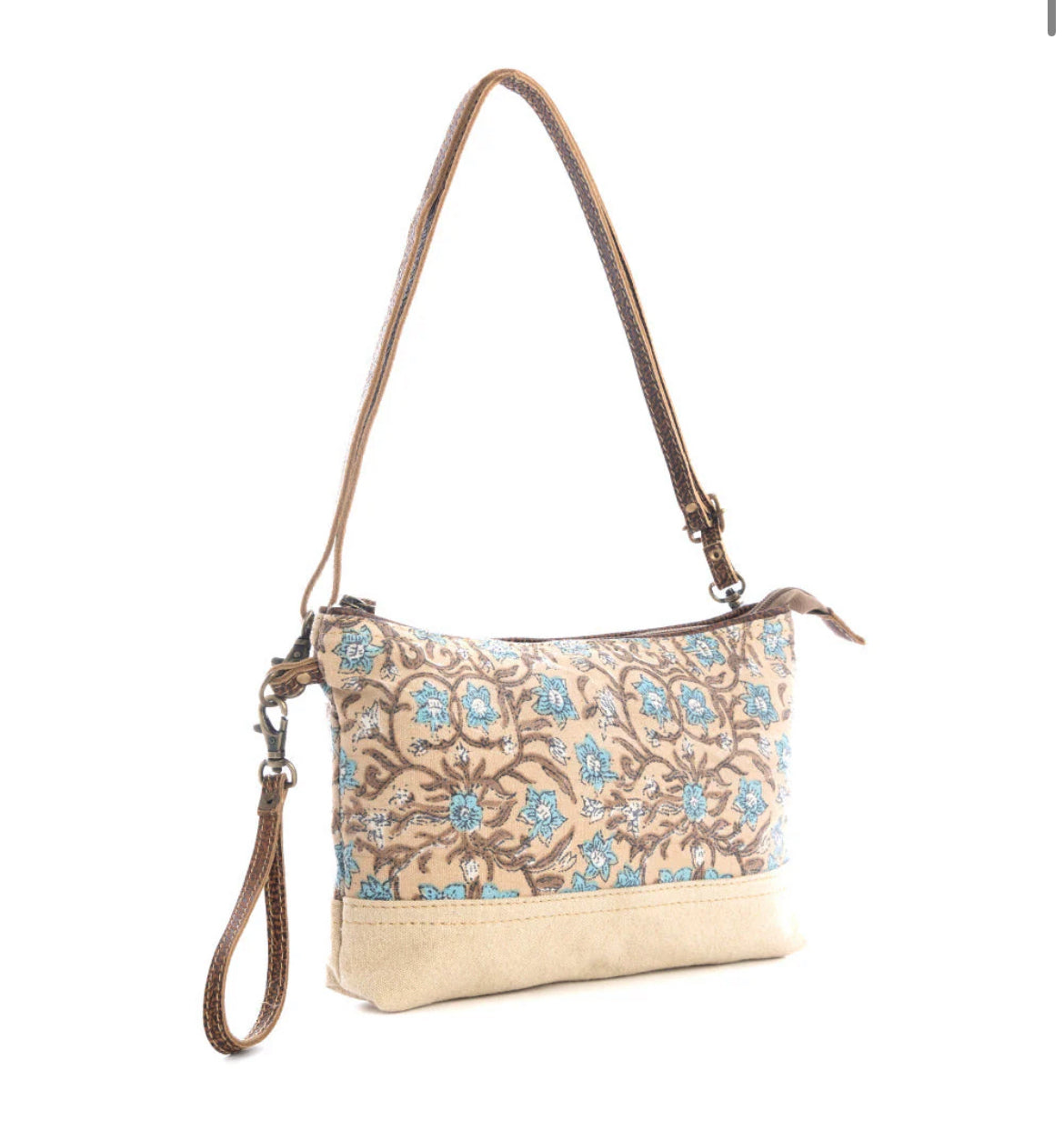 Myra Bag San Ysidro Falls Small & Crossbody Bag – Floral Canvas & Leather Wristlet Purse with Adjustable Strap and Zipper Pocket, 10.5"x6", Women’s Boho Bag