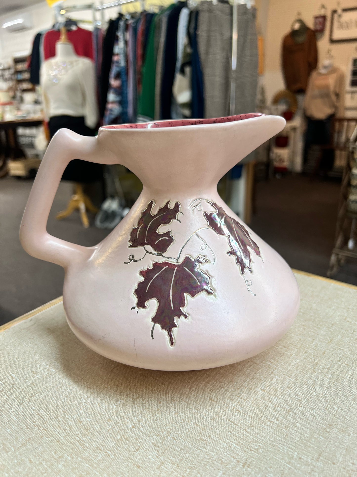 Vintage pink MCM style pitcher w/ leaf design