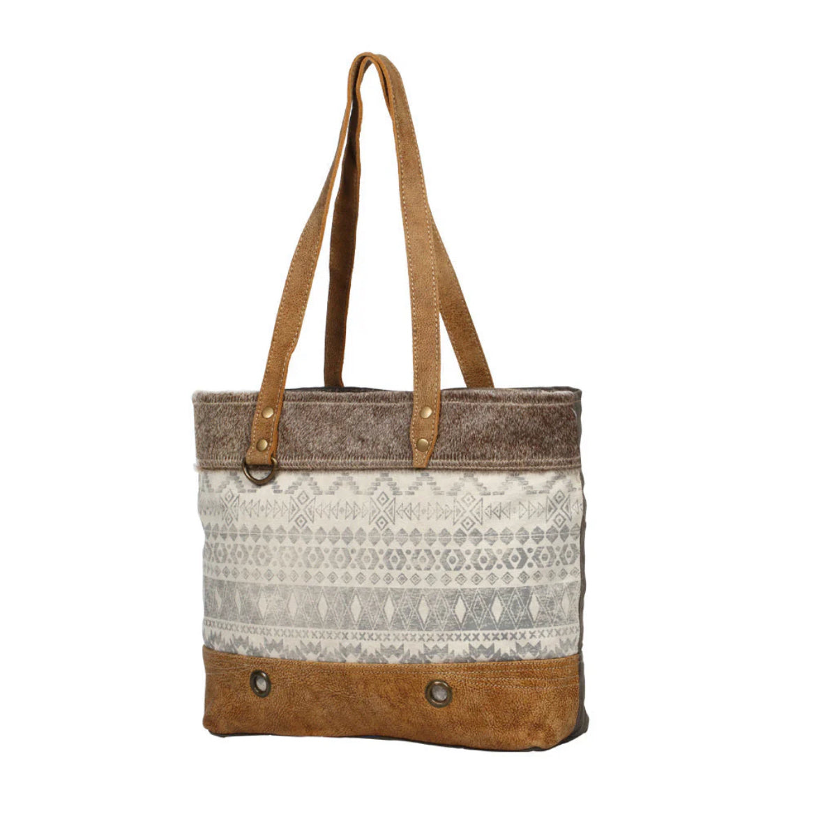 Myra Bag Oromos Canvas Tote Bag – Large Tribal Print Canvas & Leather Shoulder Bag with Hairon Detail, 18"x13", Women’s Boho Tote