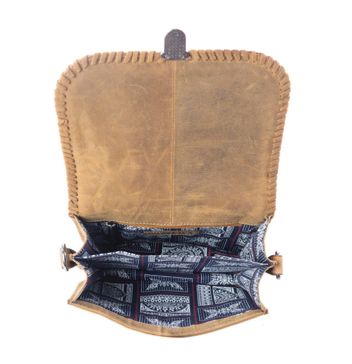 Myra Bag Nuevas Mosaic Crossbody Bag in Desert Brown – Women’s Leather & Canvas Boho Purse with Fringe Trim, Turn-Lock Closure, 8.5"x7" Adjustable Strap