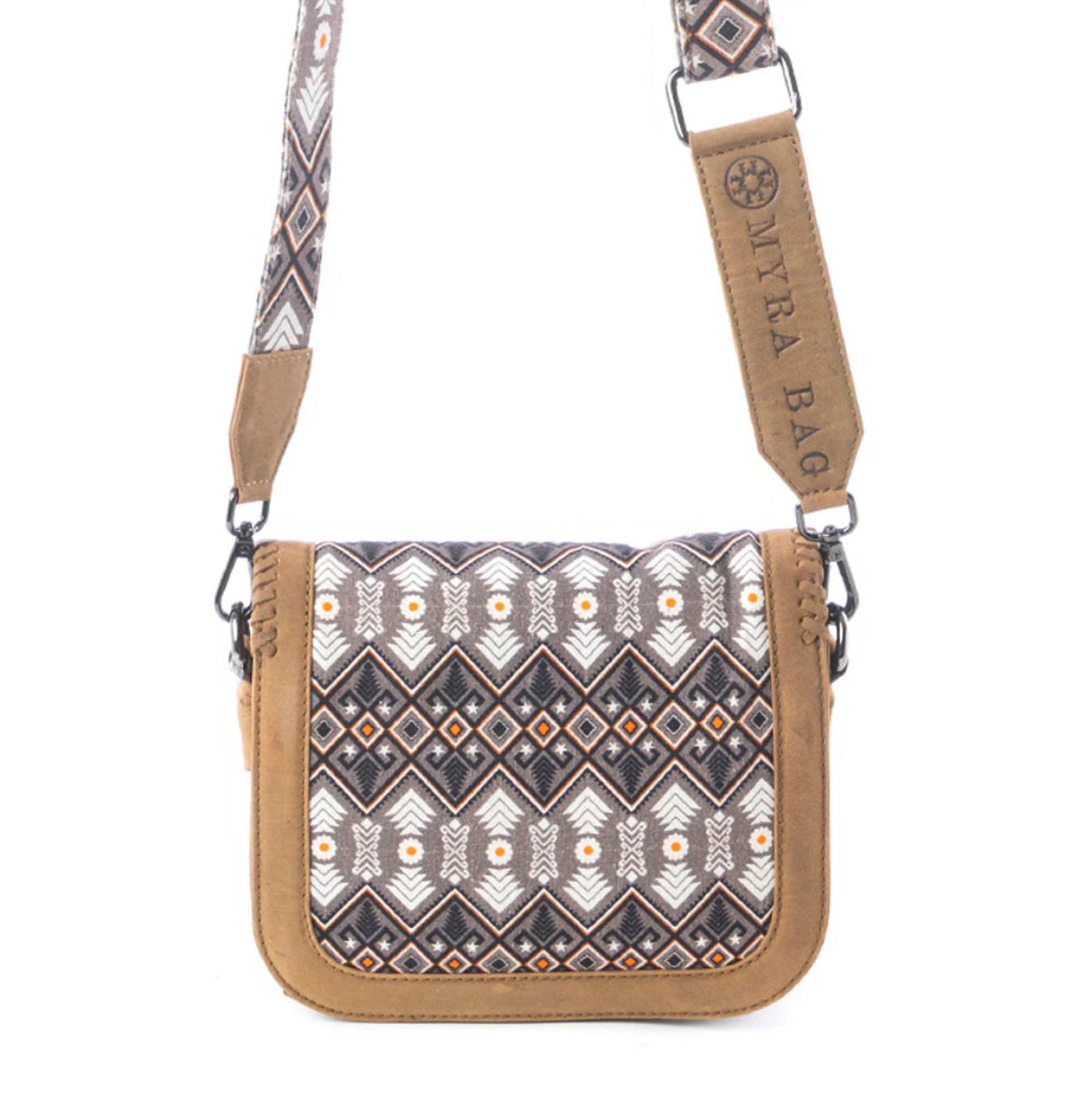 Myra Bag Nuevas Mosaic Crossbody Bag in Desert Brown – Women’s Leather & Canvas Boho Purse with Fringe Trim, Turn-Lock Closure, 8.5"x7" Adjustable Strap