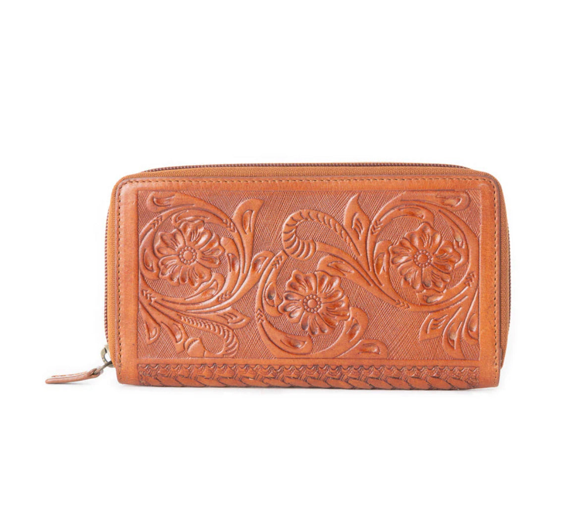 Myra Bag Rogue Hand-Tooled Leather RFID Wallet – Women’s Genuine Leather Western Wallet with Multiple Card Slots, 7.5"x4", Secure Mid-Open Design