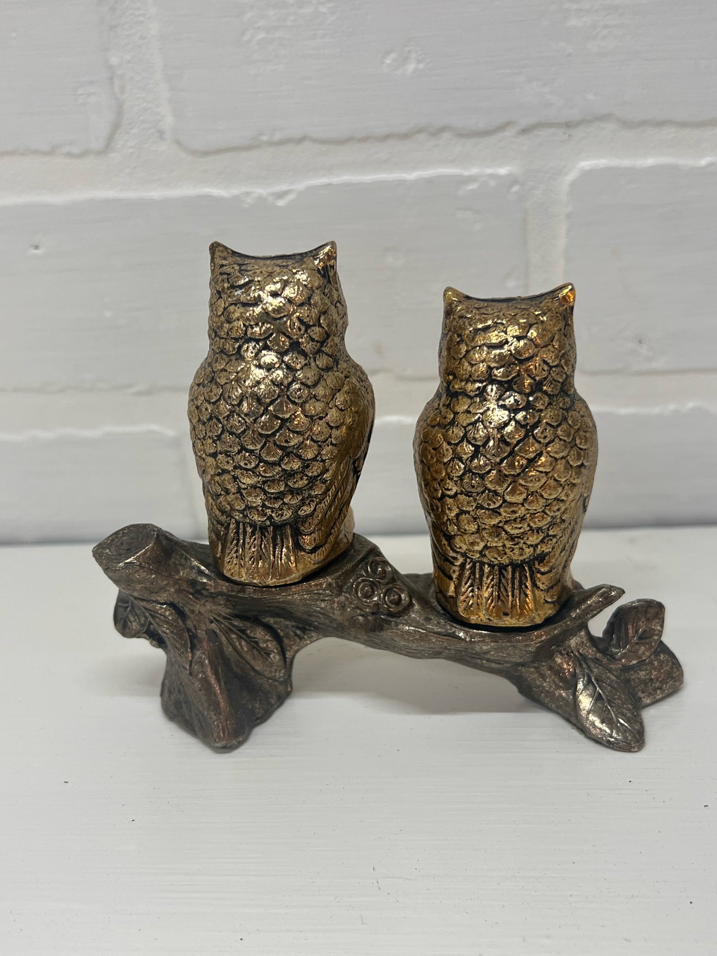 Vintage Metal Owls on Branch Salt & Pepper Set