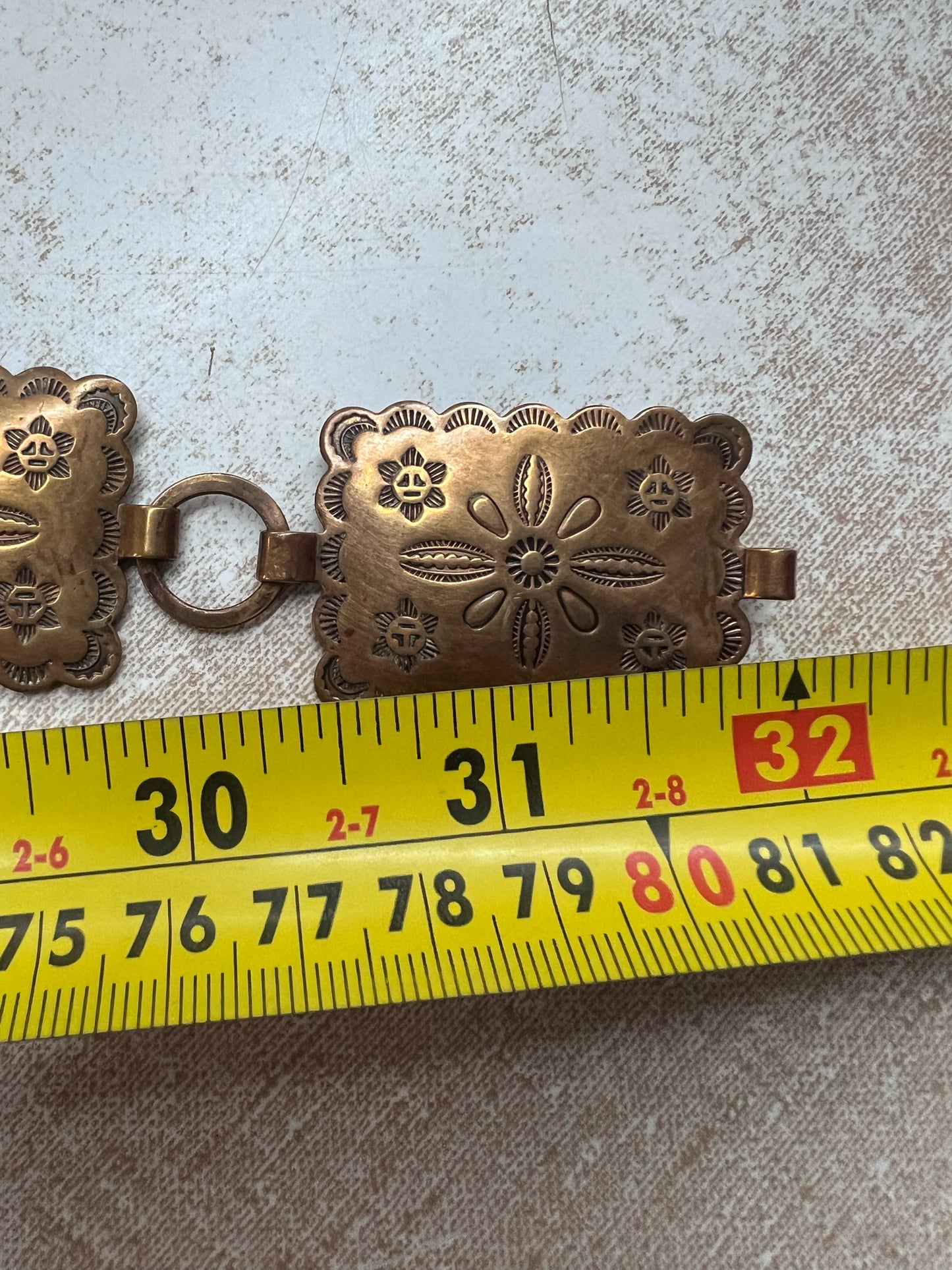 32" Copper Stamped Concho Belt Vintage 1970's