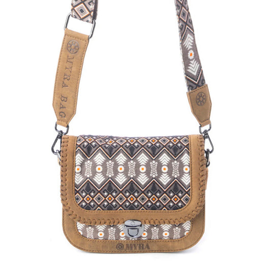 Myra Bag Nuevas Mosaic Crossbody Bag in Desert Brown – Women’s Leather & Canvas Boho Purse with Fringe Trim, Turn-Lock Closure, 8.5"x7" Adjustable Strap