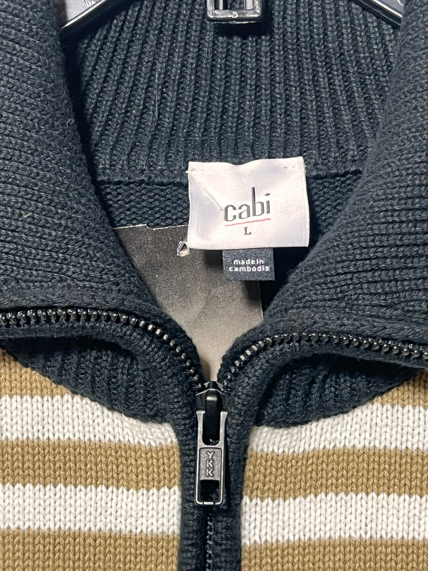 Size L CAbi Cotton Zip Front Collar Sweater