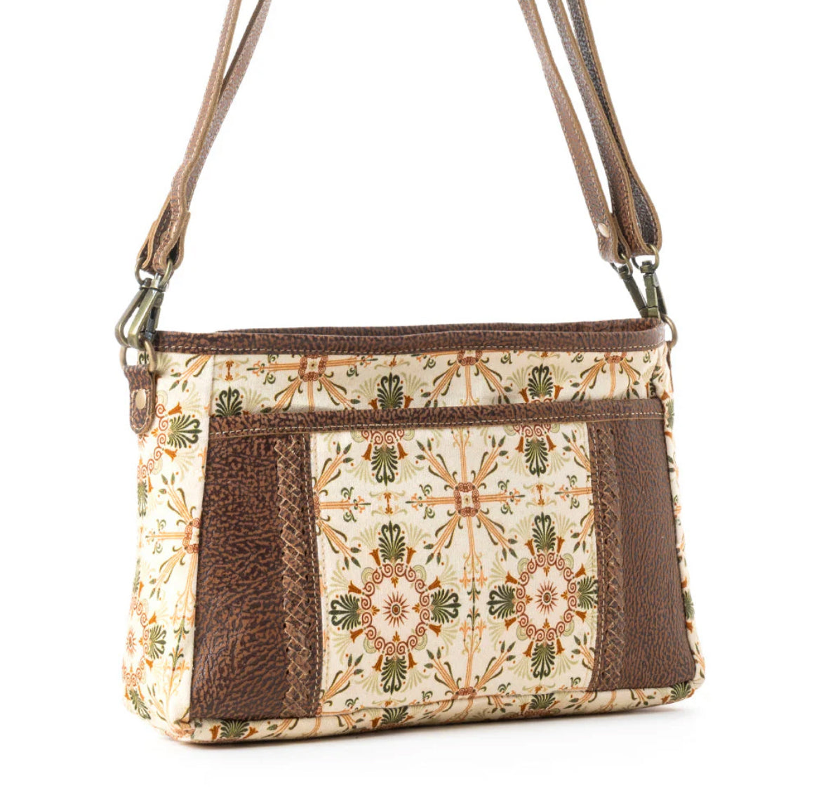 Myra Bag Wildflower Scroll Crossbody Bag in Heritage Beige – Women’s Floral Canvas & Leather Western Purse with Adjustable Strap, 11"x8", Rustic Boho Handbag