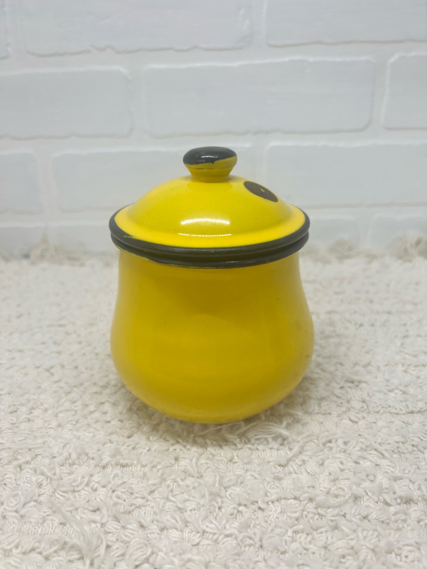 Vintage yellow enamelware lidded pot
