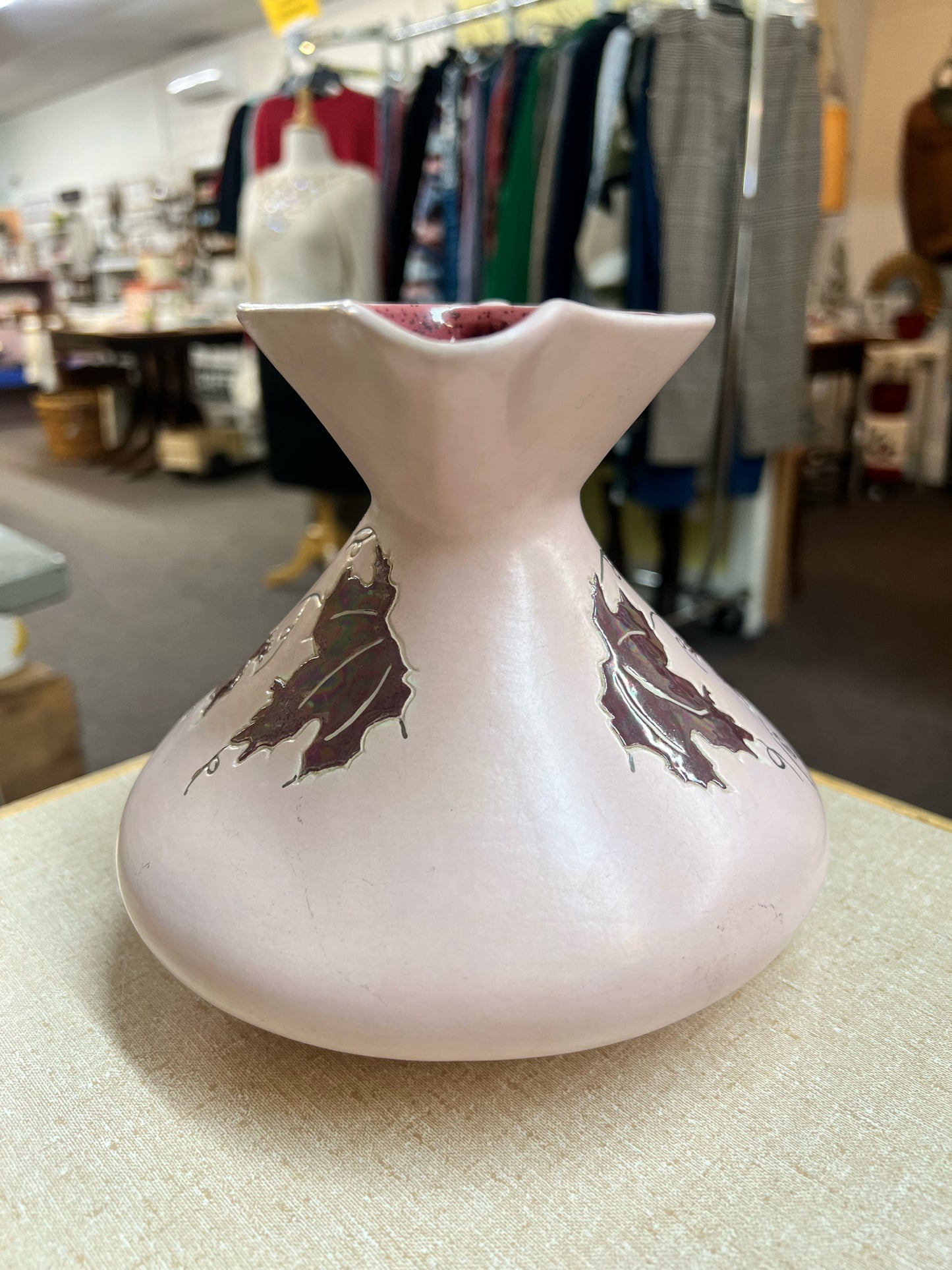 Vintage pink MCM style pitcher w/ leaf design