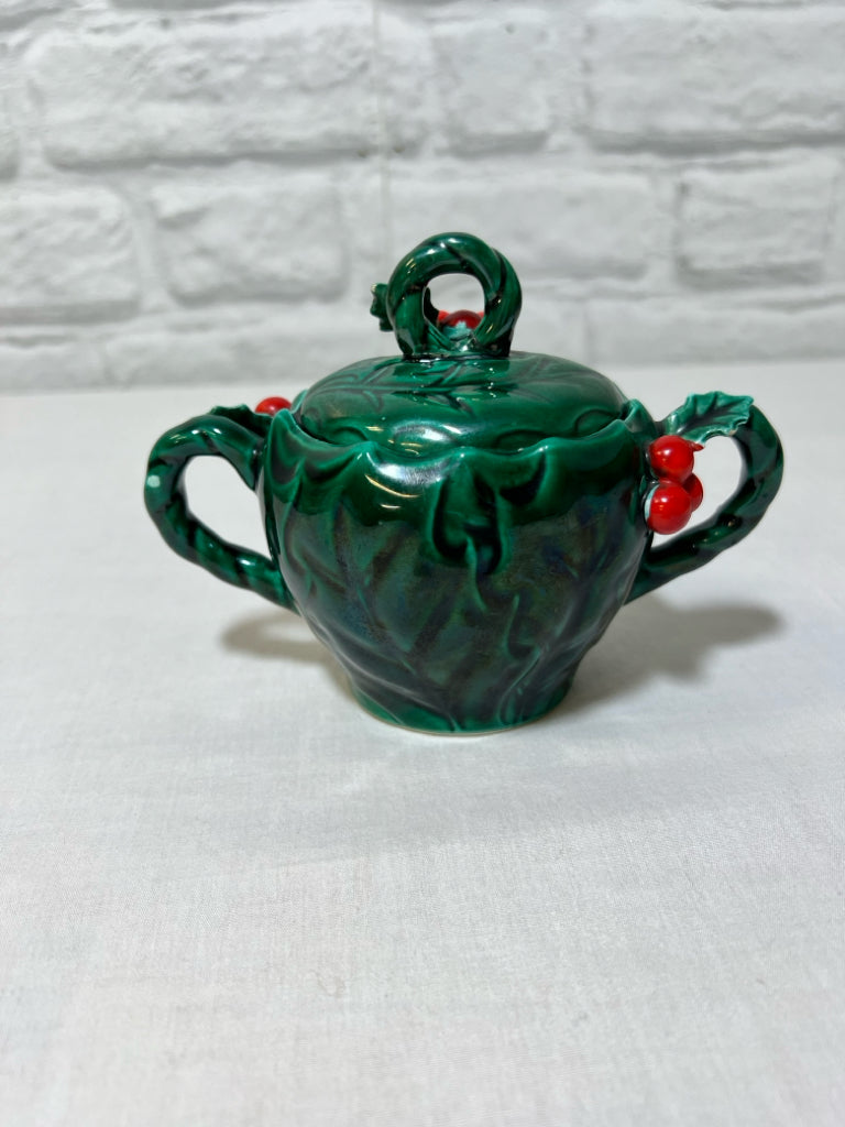 Lefton holly Christmas green sugar bowl