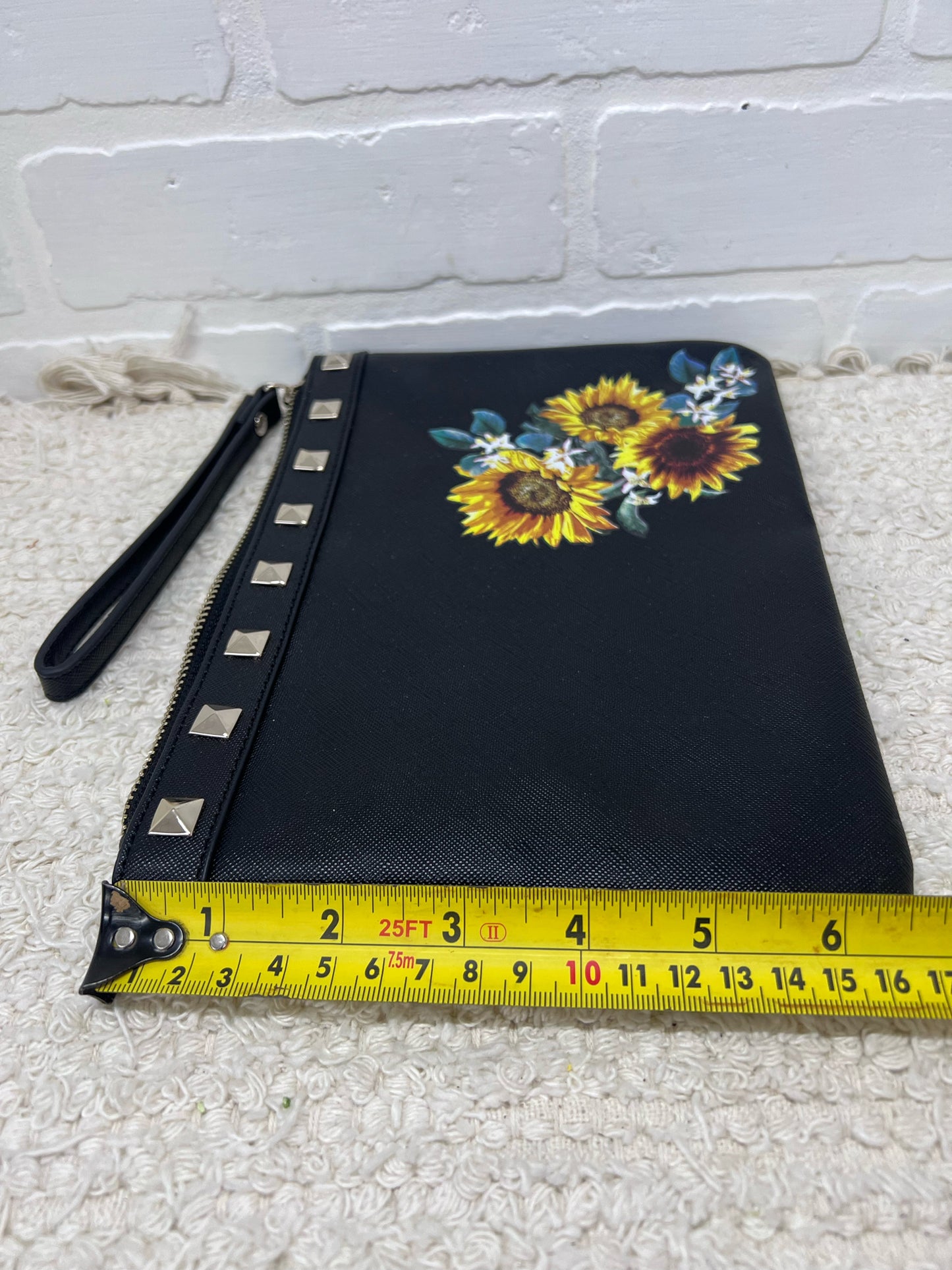 White House Black Market Wristlet Bag Black w/ Sunflowers