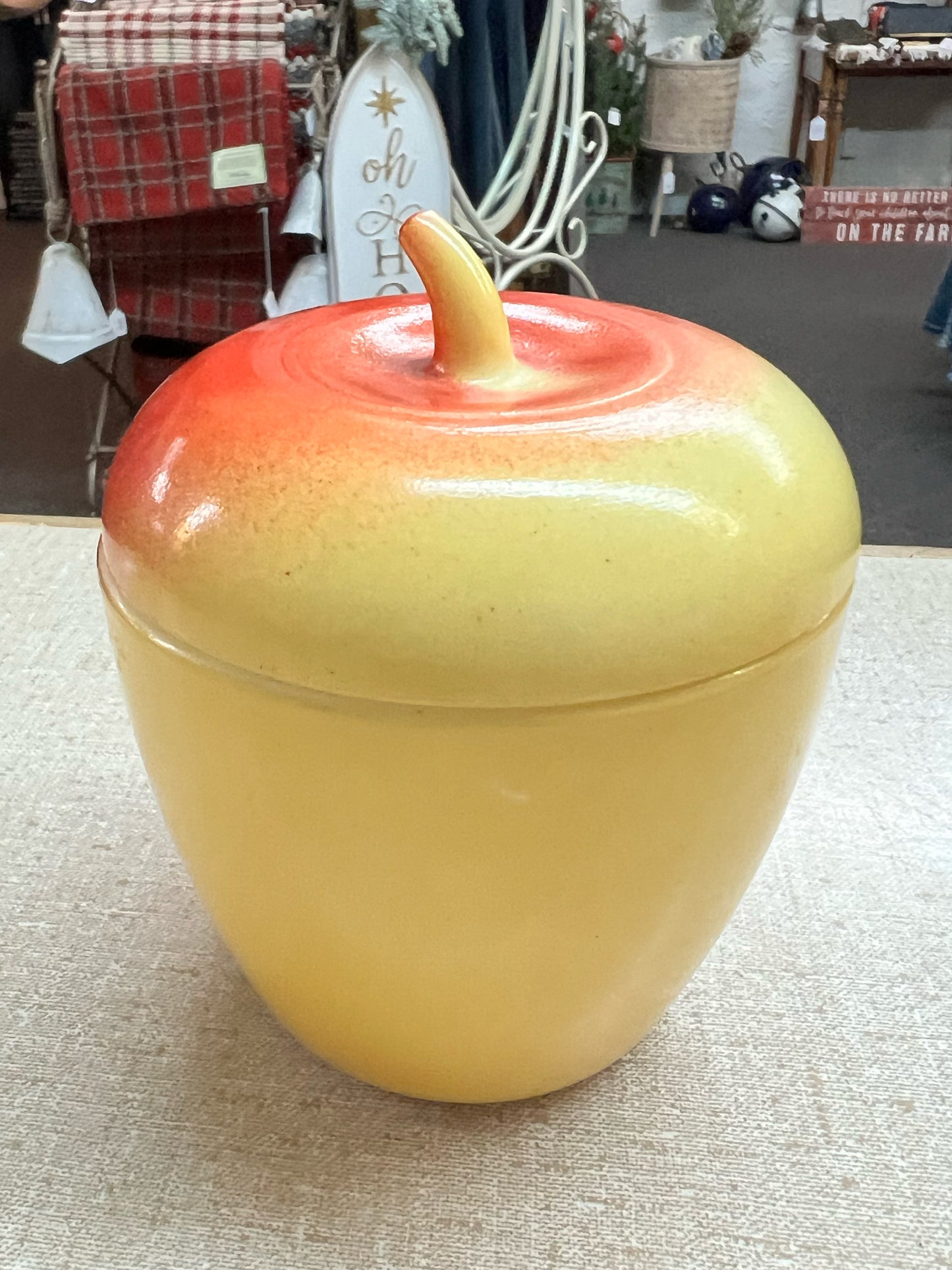 Hazel Atlas apple shaped lidded jam jar