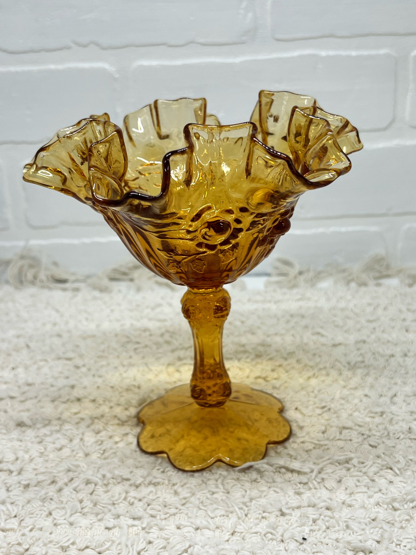 Fenton Compote Dish - Frilly Amber Glass