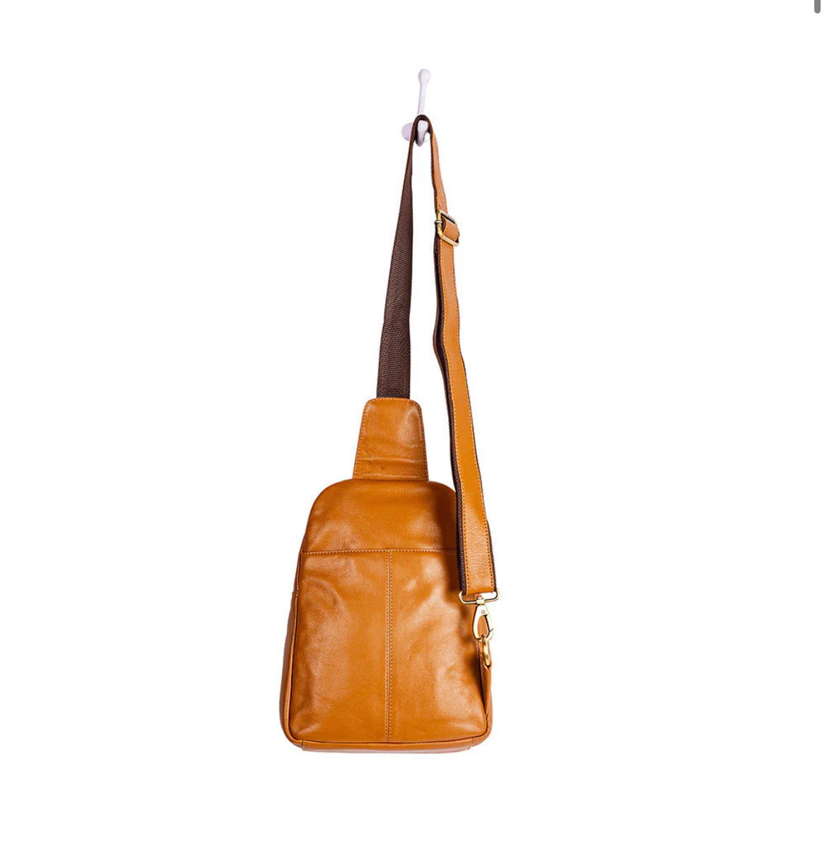 Myra Bag  Ranch Trail Leather Fanny Pack Bag – Caramel Hand-Tooled Sling Crossbody with Adjustable Canvas Strap