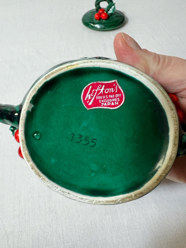 Lefton holly Christmas green sugar bowl