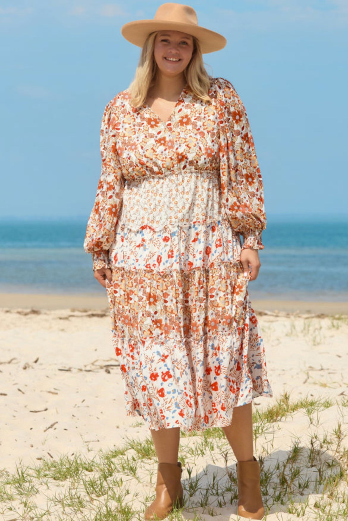 Orange Floral Print Ruffled Tiered Skirt Midi Dress