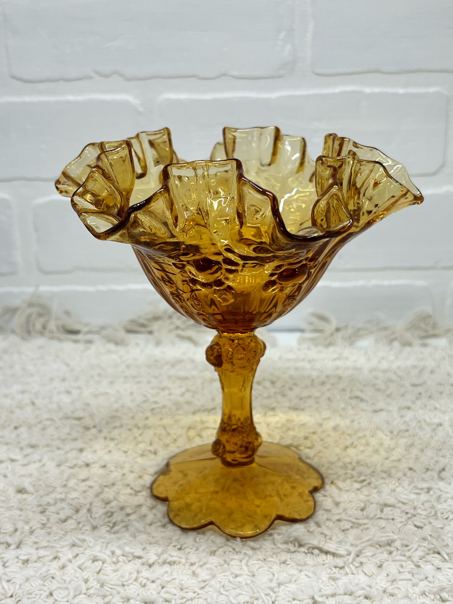 Fenton Compote Dish - Frilly Amber Glass