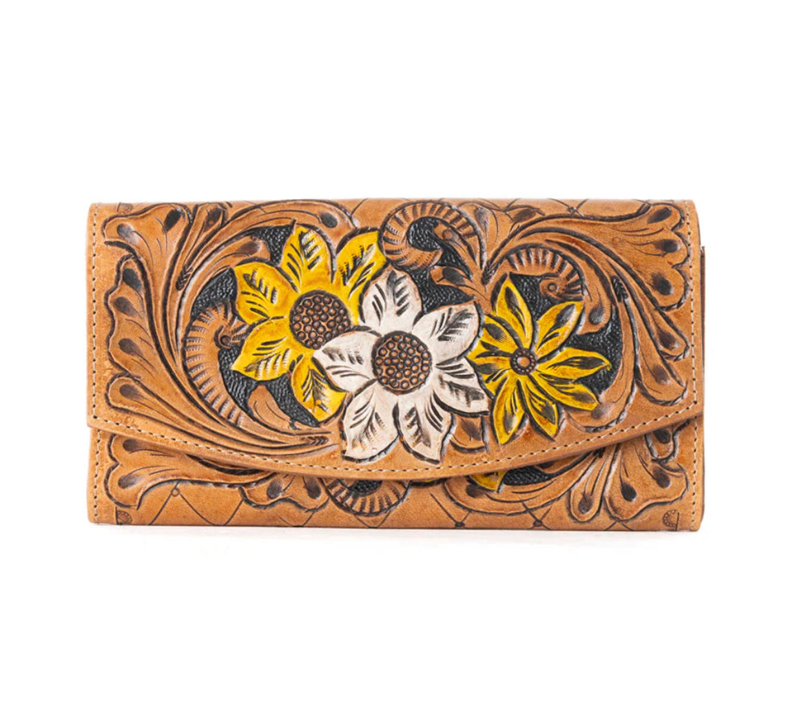 Myra Bag Brown Leather Garden Wallet – Women’s Genuine Leather Wallet with Embossed Floral Motif, 8"x4", Western Boho Clutch Style