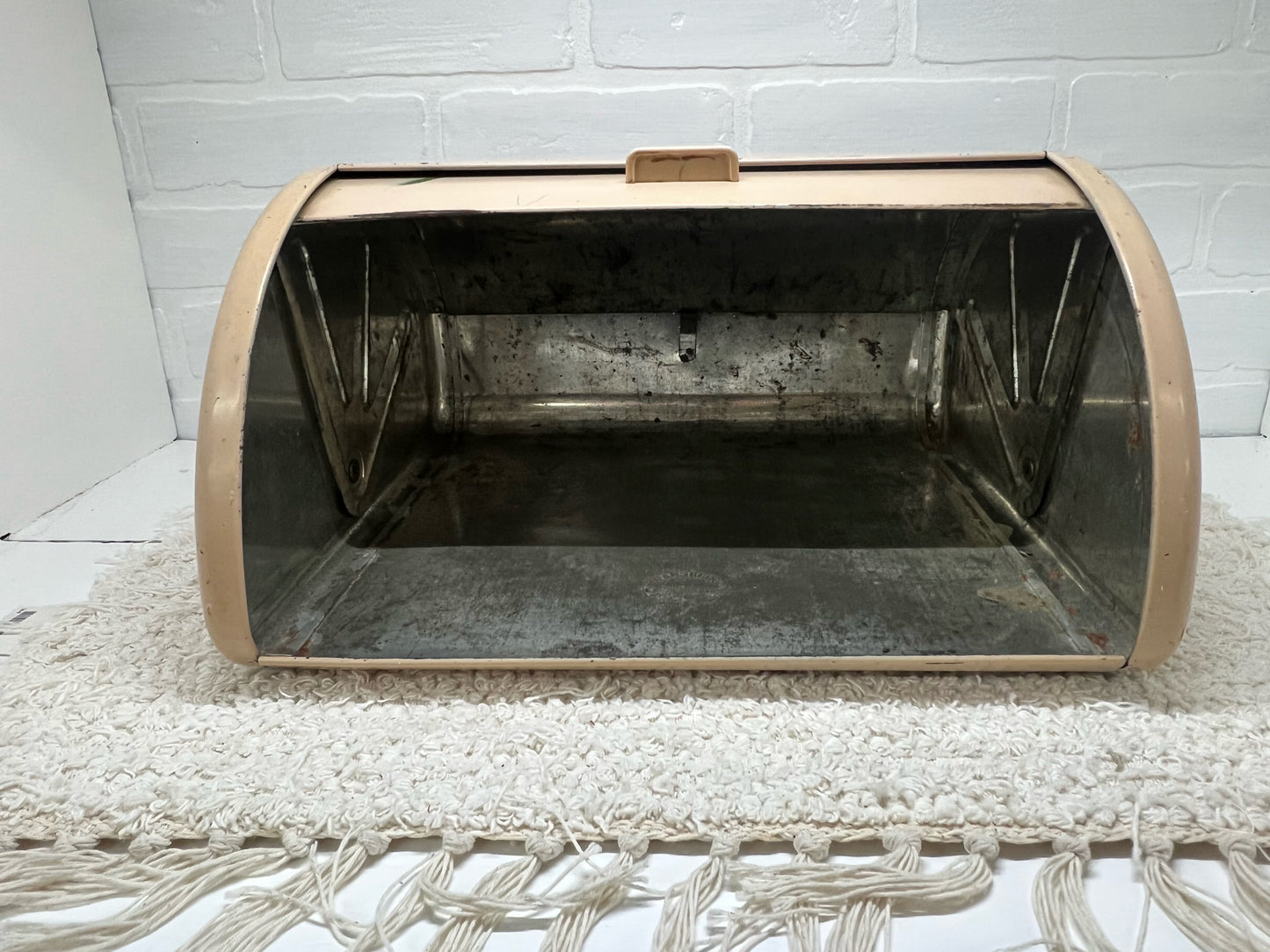 Ransburg light pink hand painted MCM bread box