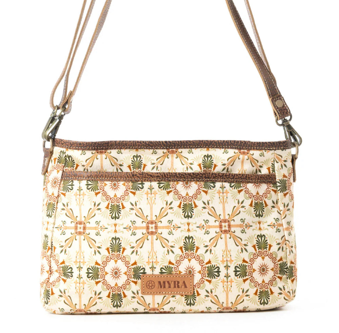 Myra Bag Wildflower Scroll Crossbody Bag in Heritage Beige – Women’s Floral Canvas & Leather Western Purse with Adjustable Strap, 11"x8", Rustic Boho Handbag
