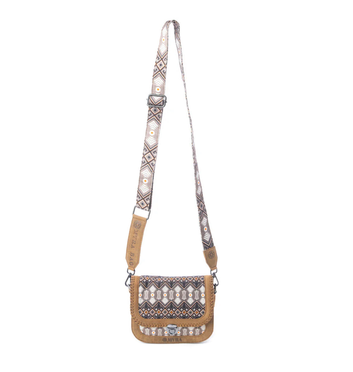 Myra Bag Nuevas Mosaic Crossbody Bag in Desert Brown – Women’s Leather & Canvas Boho Purse with Fringe Trim, Turn-Lock Closure, 8.5"x7" Adjustable Strap