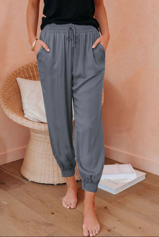 Gray Drawstring Elastic Waistband Cropped Jogger Pants