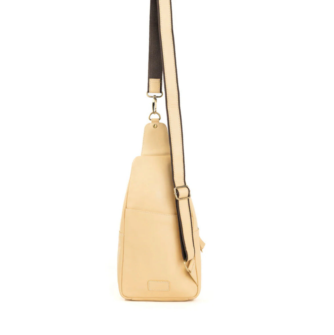 Myra Glorietta Sling Bag – Light Camel Leather with Hand-Tooled Panel, Adjustable Canvas Strap, Crossbody Sling