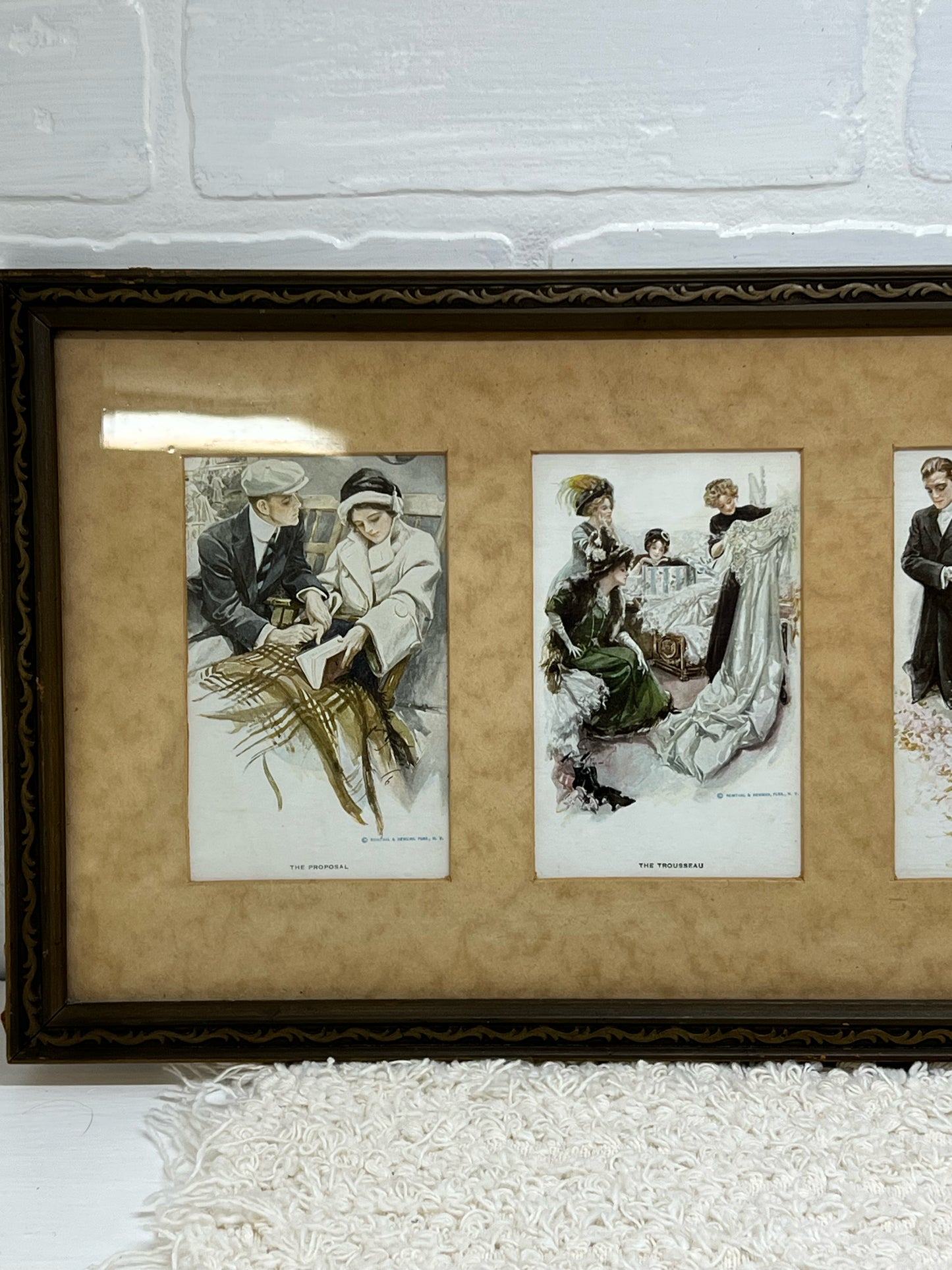 Framed vintage 'Six Stages of Love' postcard series