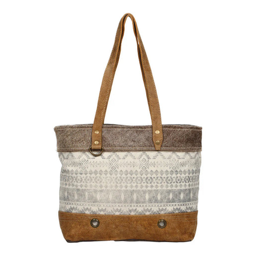Myra Bag Oromos Canvas Tote Bag – Large Tribal Print Canvas & Leather Shoulder Bag with Hairon Detail, 18"x13", Women’s Boho Tote