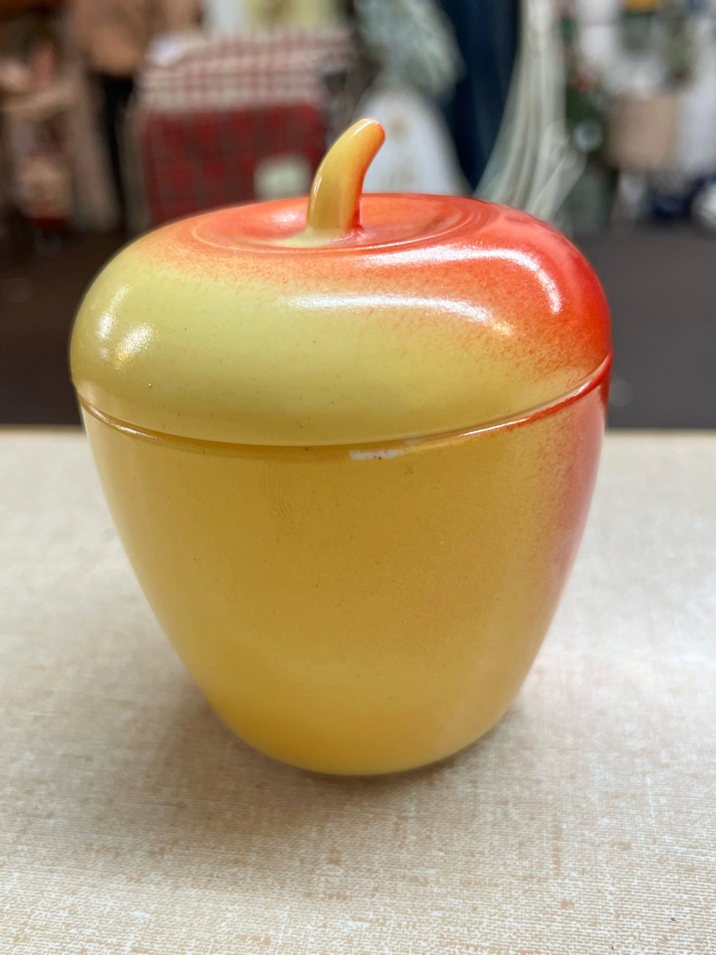 Hazel Atlas apple shaped lidded jam jar