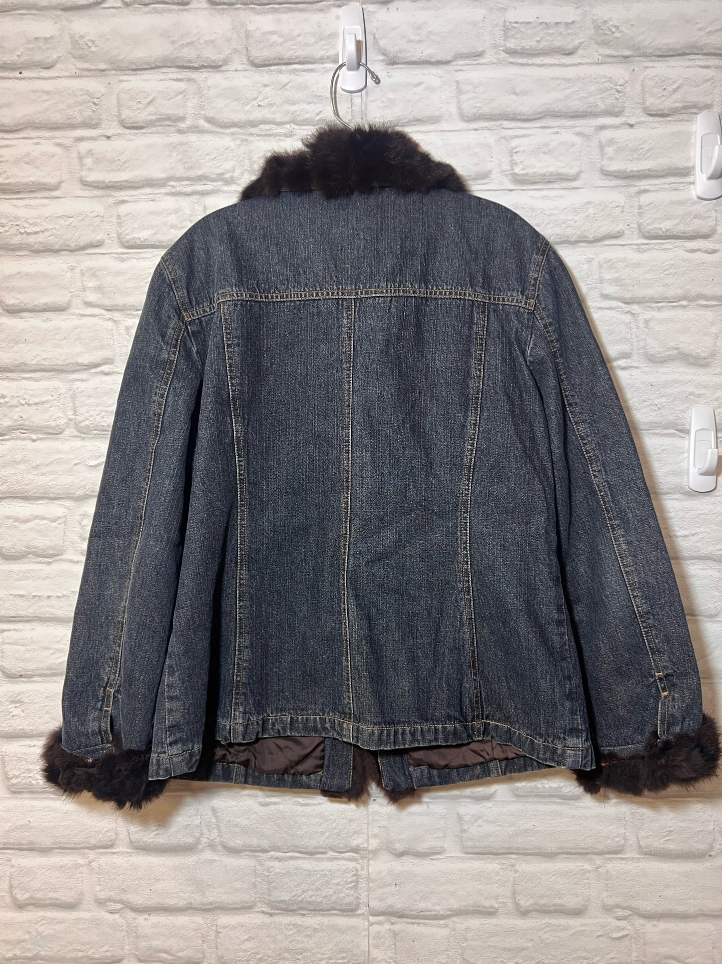 Size L Nine West Rabbit Fur Trimmed Denim Jacket w/ Quilted Lining