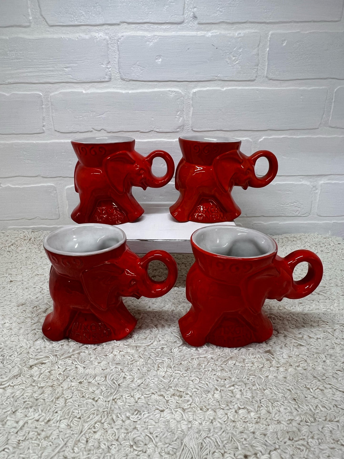 Frankoma Mug Set - 4 Flame Red 1969 GOP Elephant Mugs - New in Box
