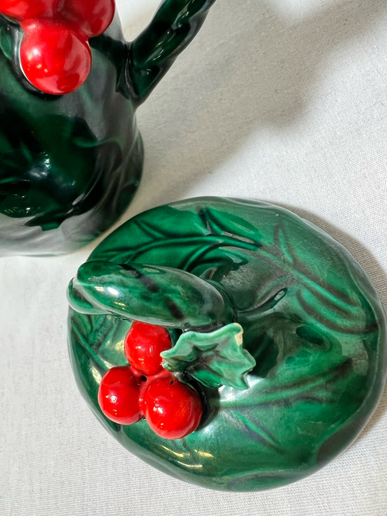 Lefton holly Christmas green sugar bowl