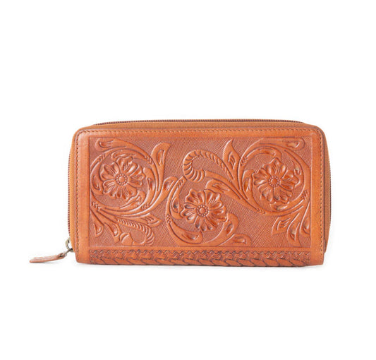 Myra Bag Rogue Hand-Tooled Leather RFID Wallet – Women’s Genuine Leather Western Wallet with Multiple Card Slots, 7.5"x4", Secure Mid-Open Design