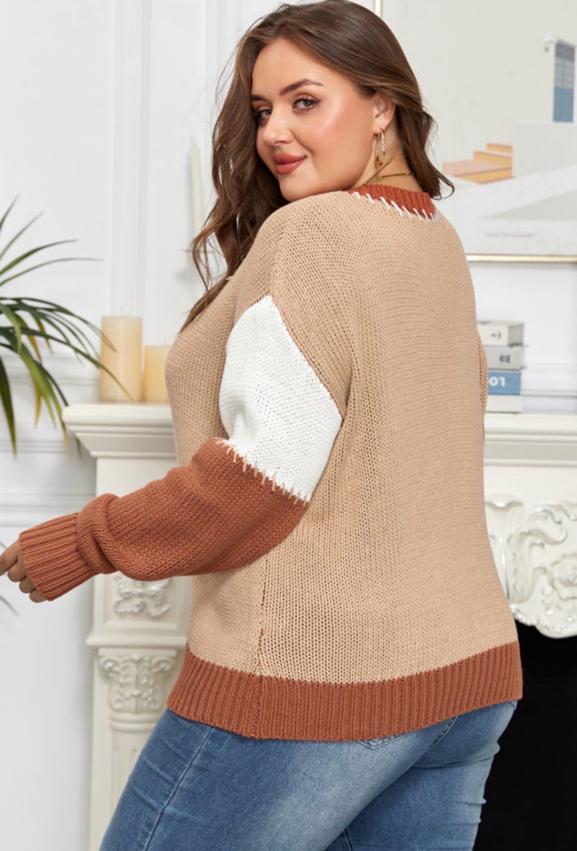 Light French Beige Contrast Stitch Detail Color Block Knit Sweater